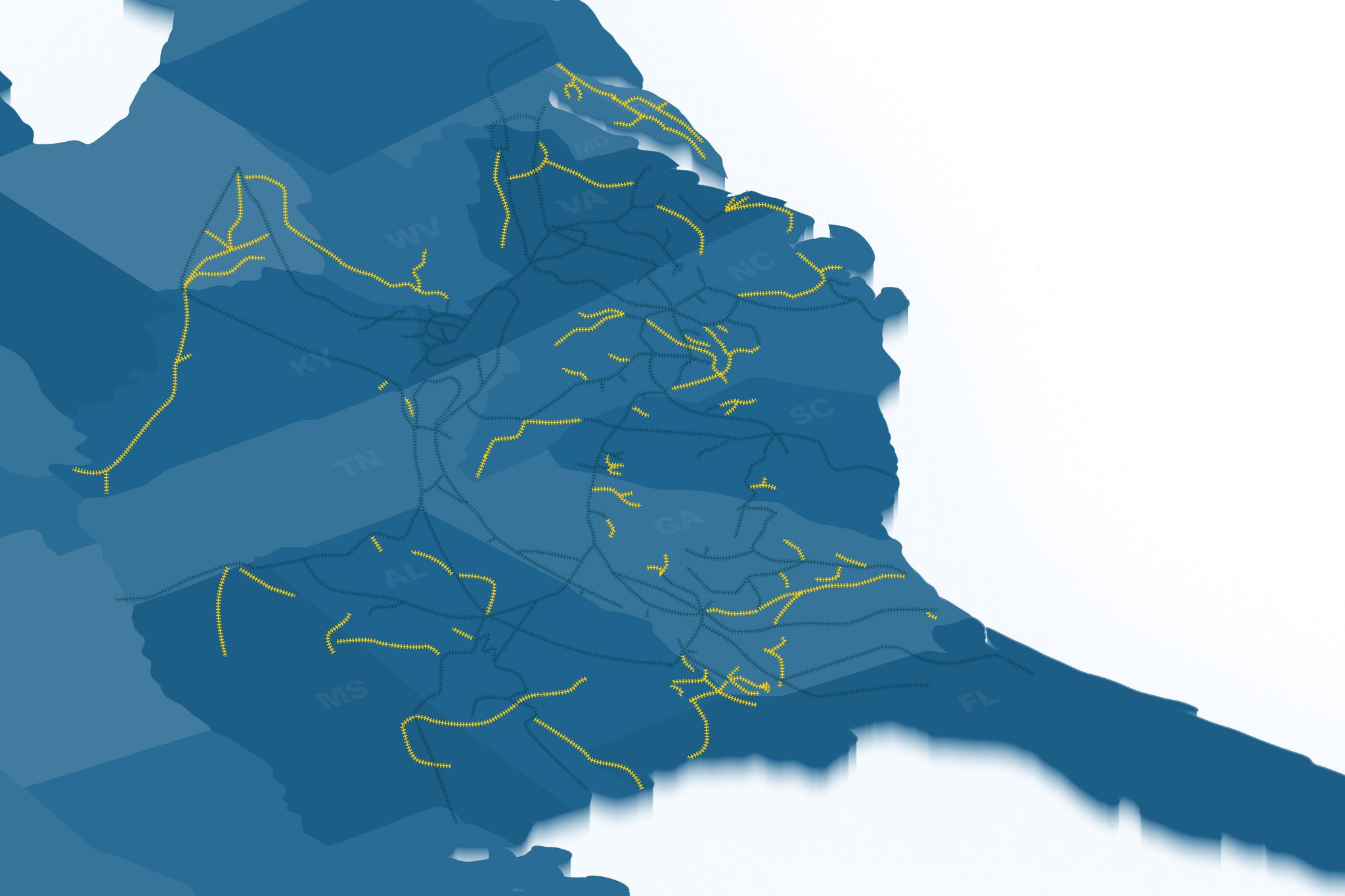 View of Norfolk Southern short line connections for shipping agricultural products on a blue map of the southern part of the United States of America