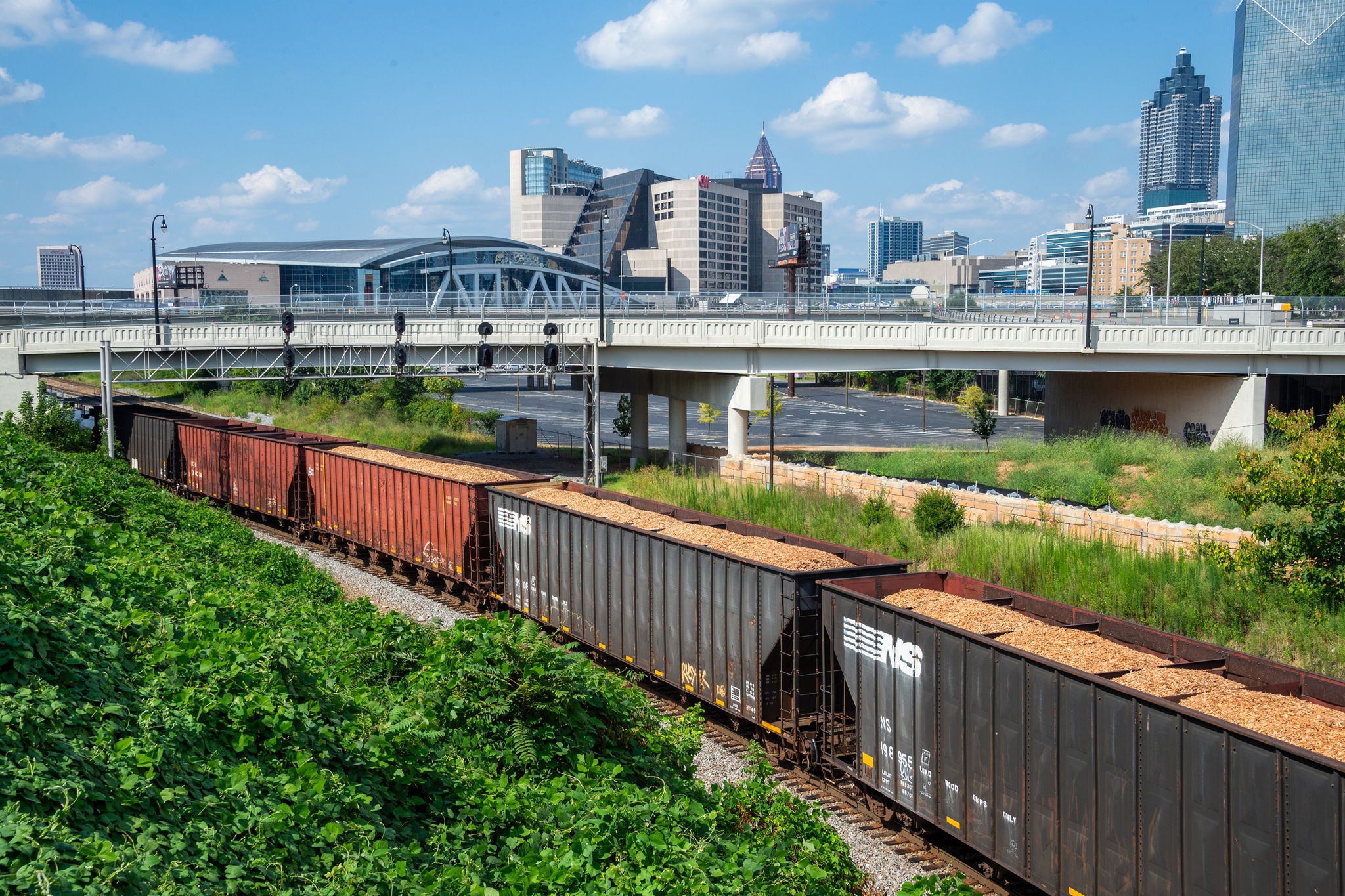 Aerial view of different types of Norfolk Southern train cars in a rail yard waiting to ship agricultural or industrial forest products