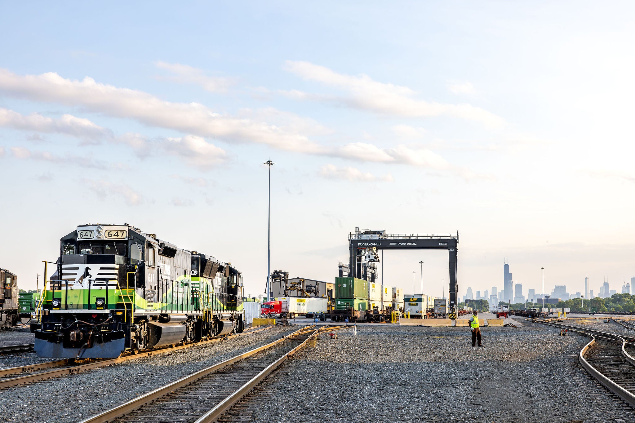 An intermodal shipping container stationed at a Norfolk Southern intermodal container transport port.