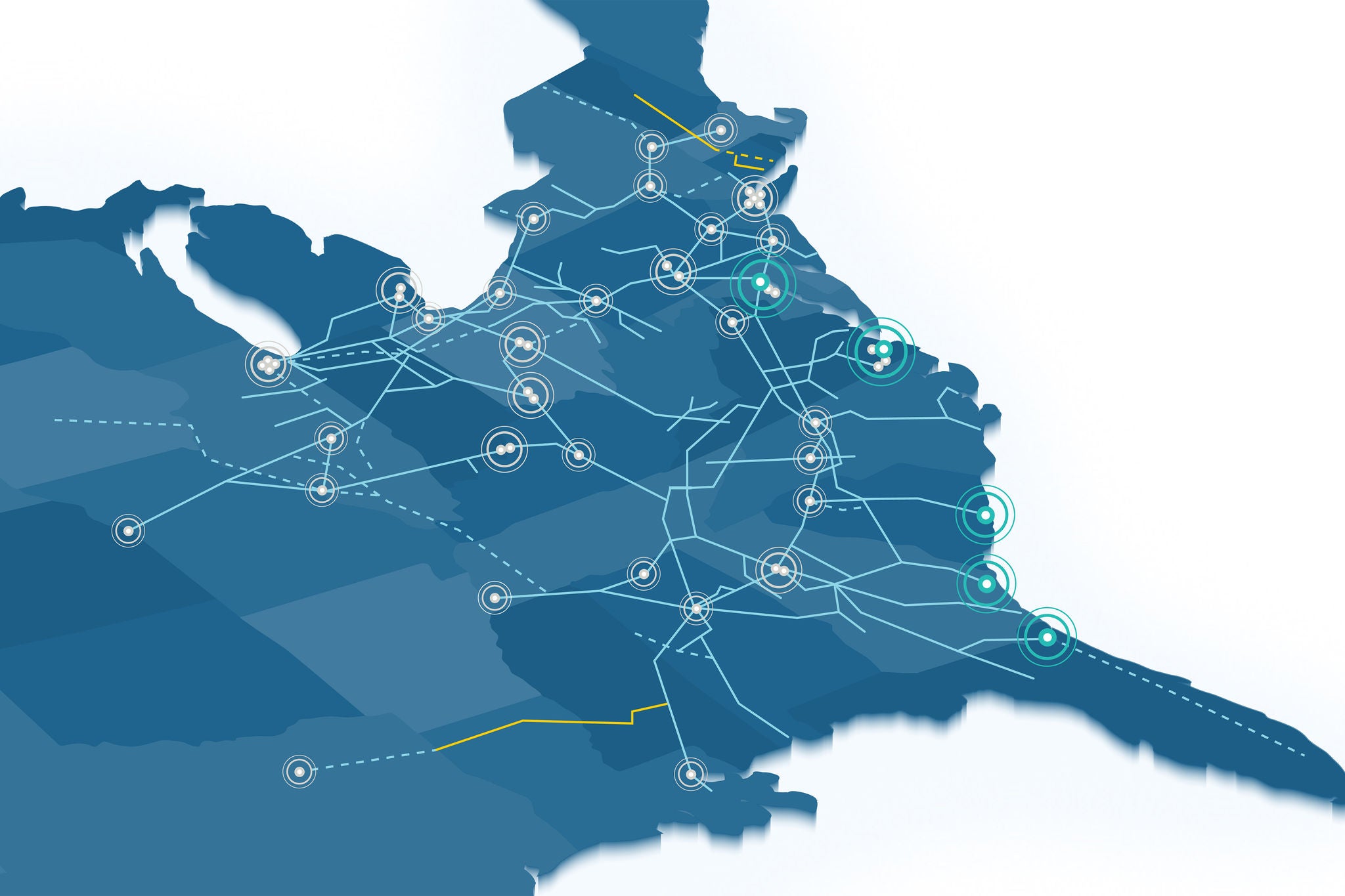 Blue illustrated graphic showing Norfolk Southern system map for transporting low carbon fuels