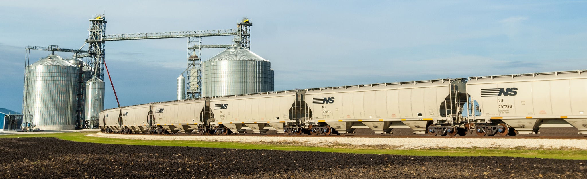 Norfolk Southern Train Shipping Agricultural Forest Product Wide view of Norfolk Southern railcars in the process of shipping agricultural products and industrial forest products