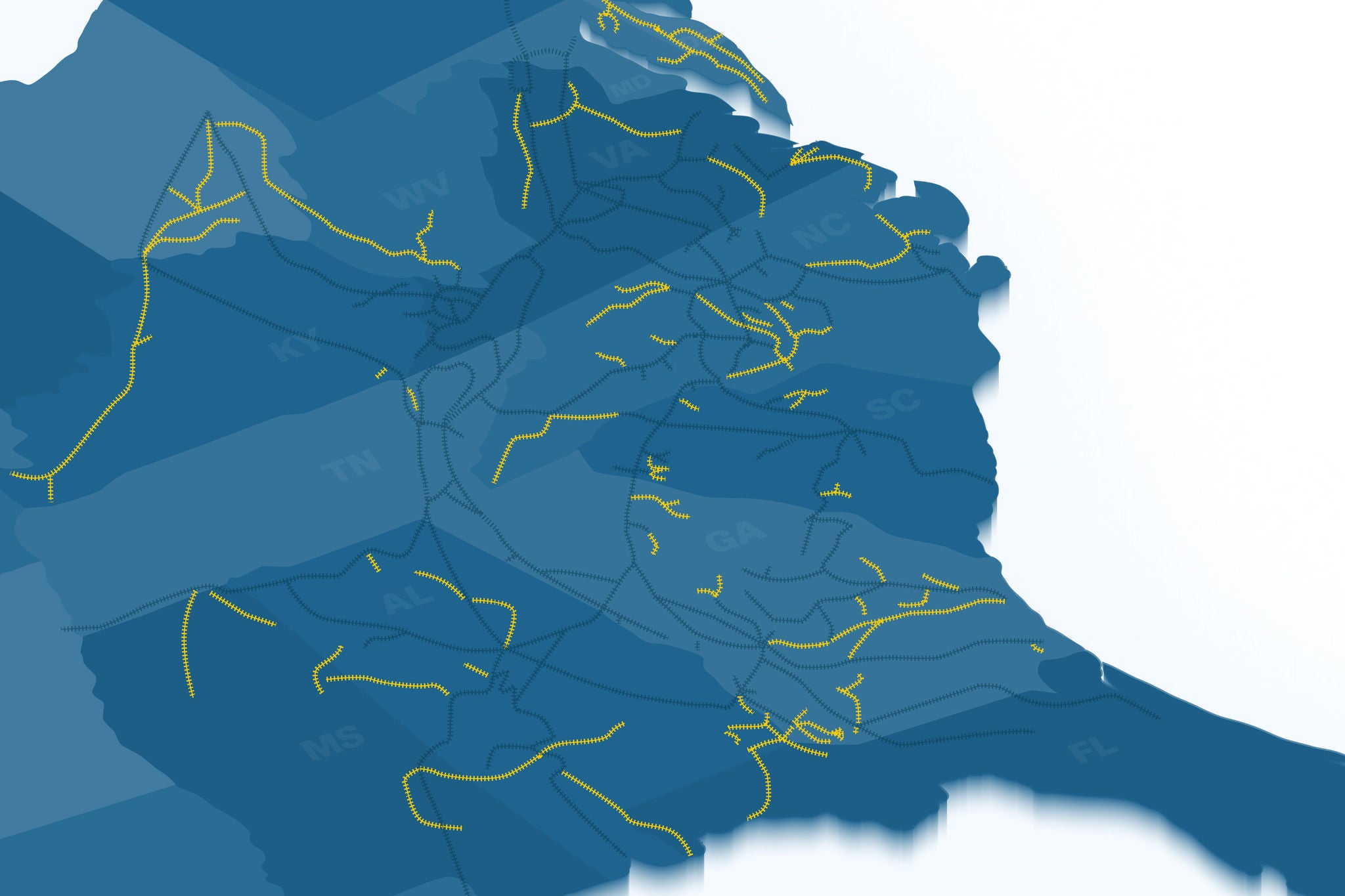 Blue illustrated graphic of Eastern United states portraying short line connections for transporting low carbon fuels